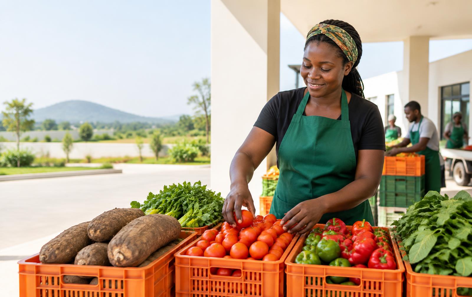 Nigerian farmer arranging fresh produce at a Farmdrop hub
